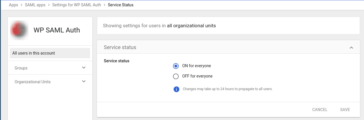 An image showing the new SAML service on for all users