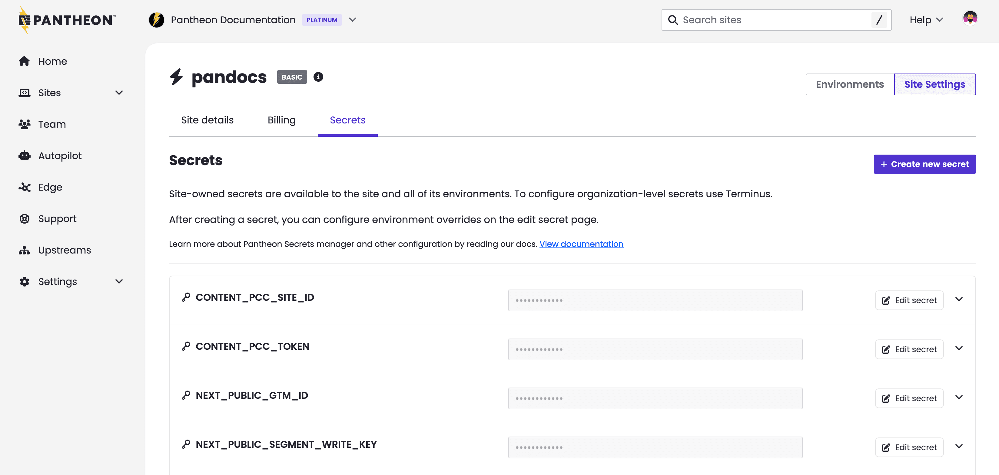 A list of secrets for a site, displayed in the Pantheon dashboard