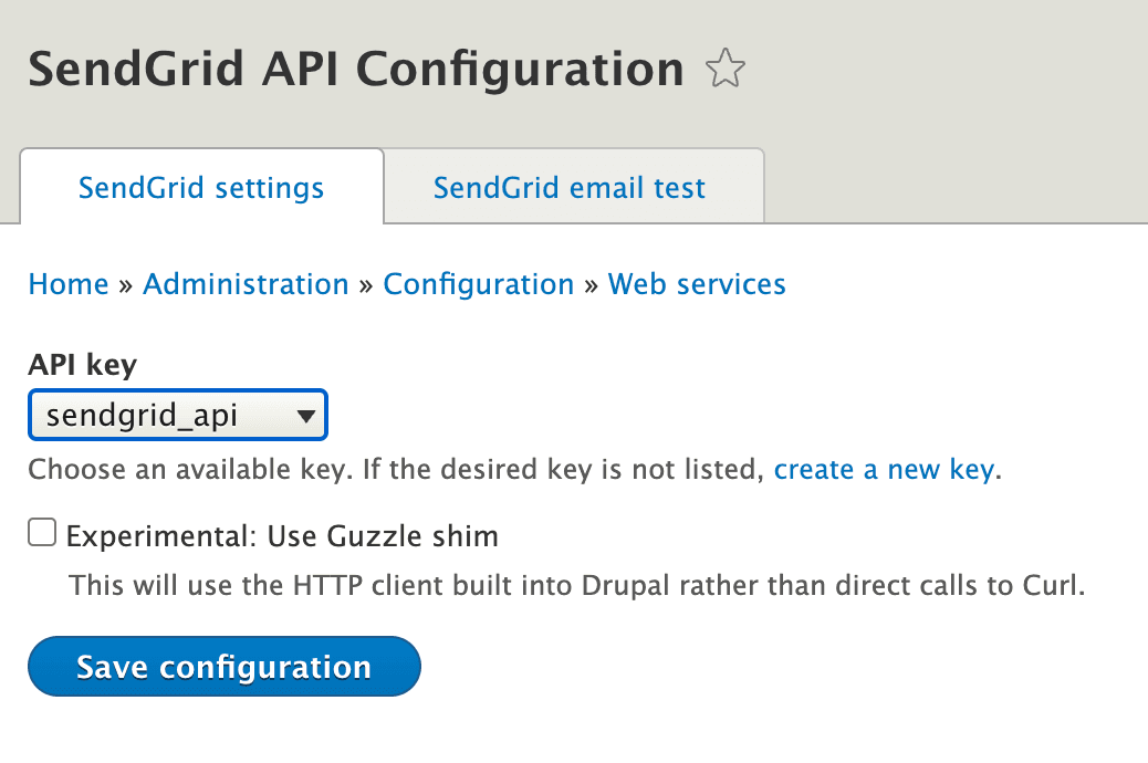 Screenshot of Sendgrid API Configuration page in Drupal UI