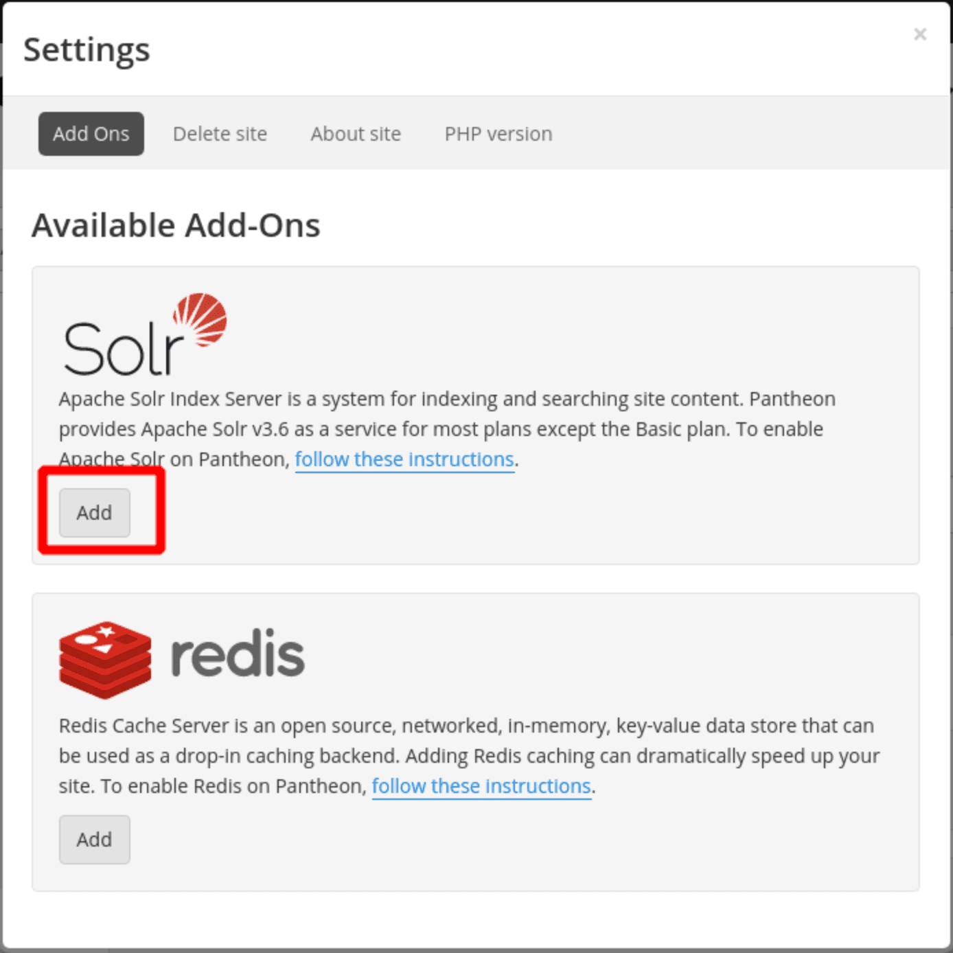 Enable Solr from The Site Dashboard