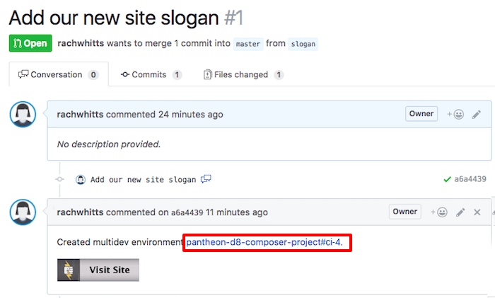 Visit Site button in pull request comment