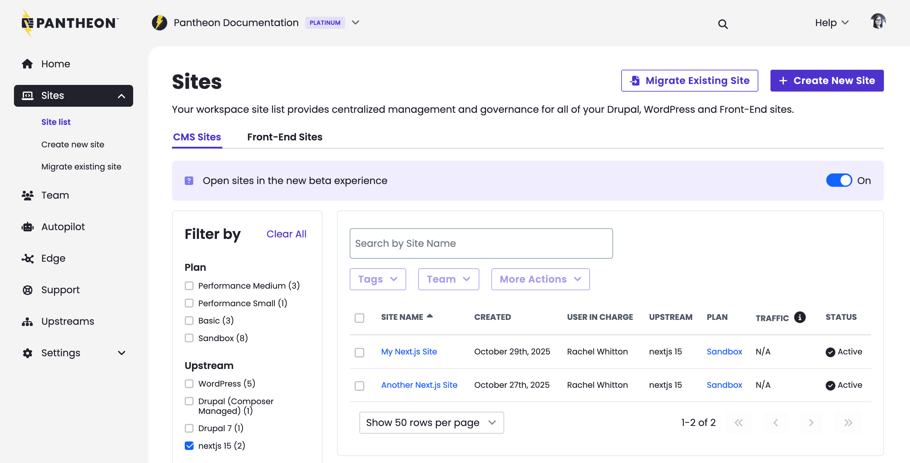 Pantheon Workspace showing 2 Next.js sites