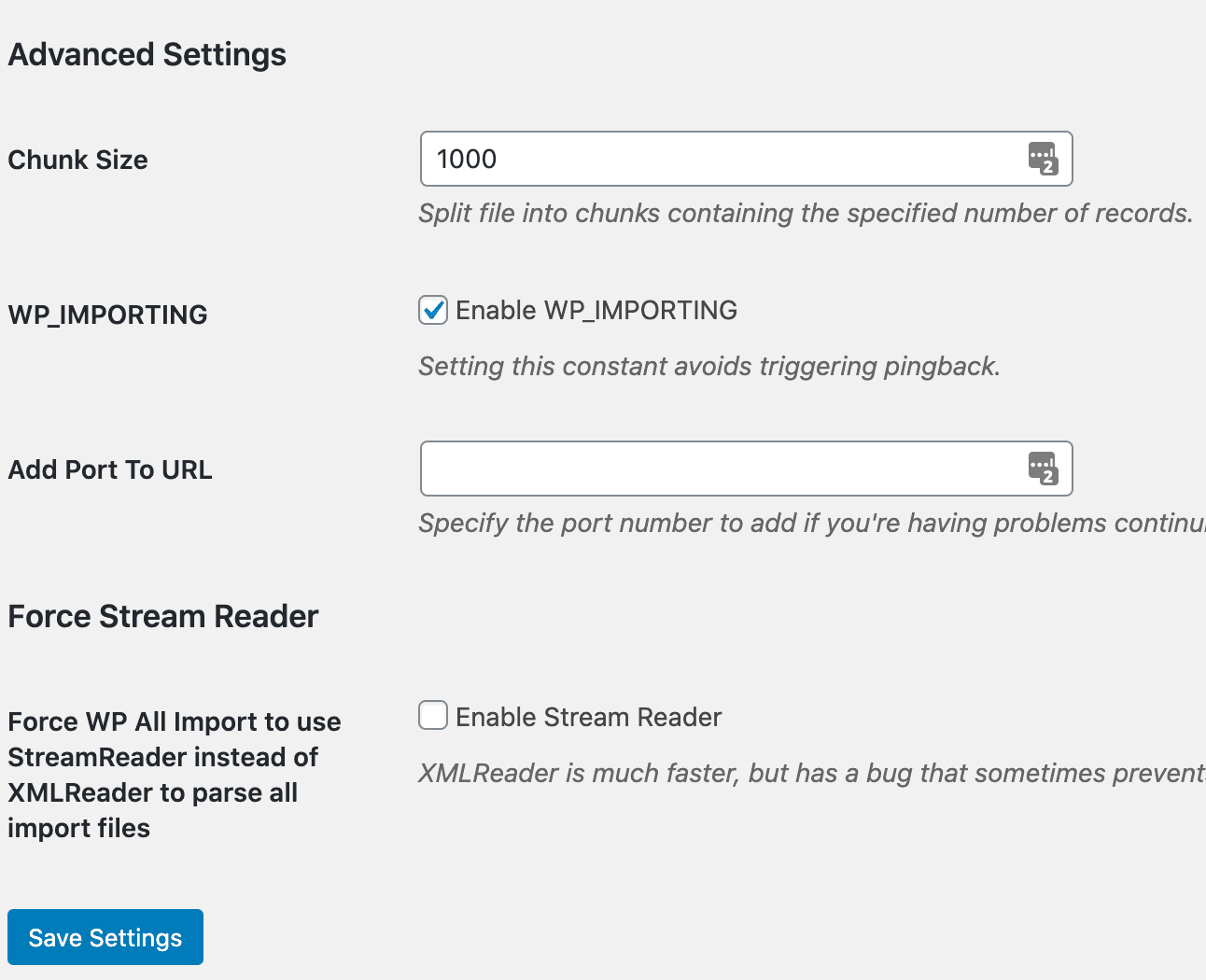 A screenshot showing the Chunk Size setting under Advanced Settings for WP Import All