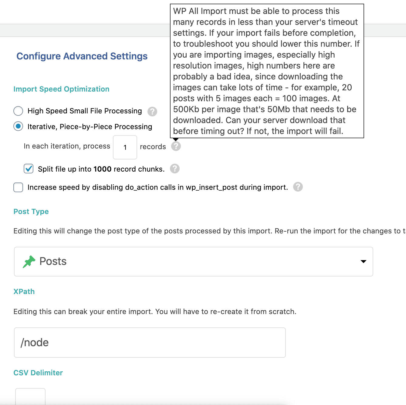 A screenshot of the Iterative, Piece-by-Piece processing option under Advanced Settings for WP Import All