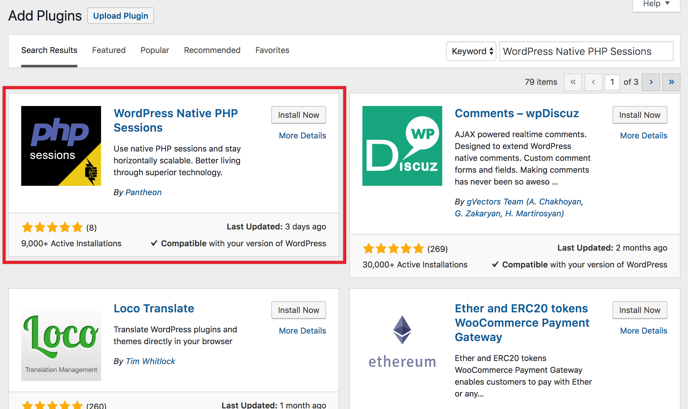 Install WordPress native PHP sessions plugin