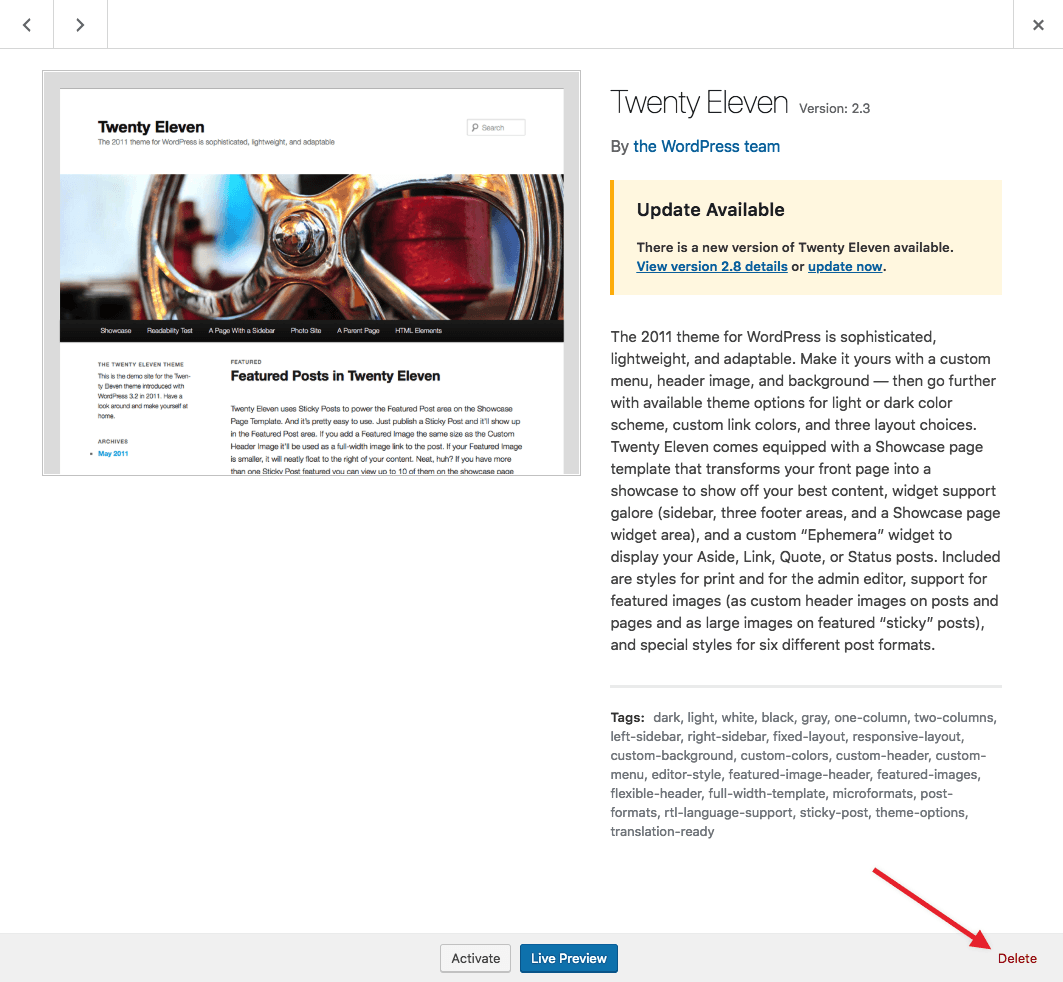 Deleting a theme in the WordPress dashboard