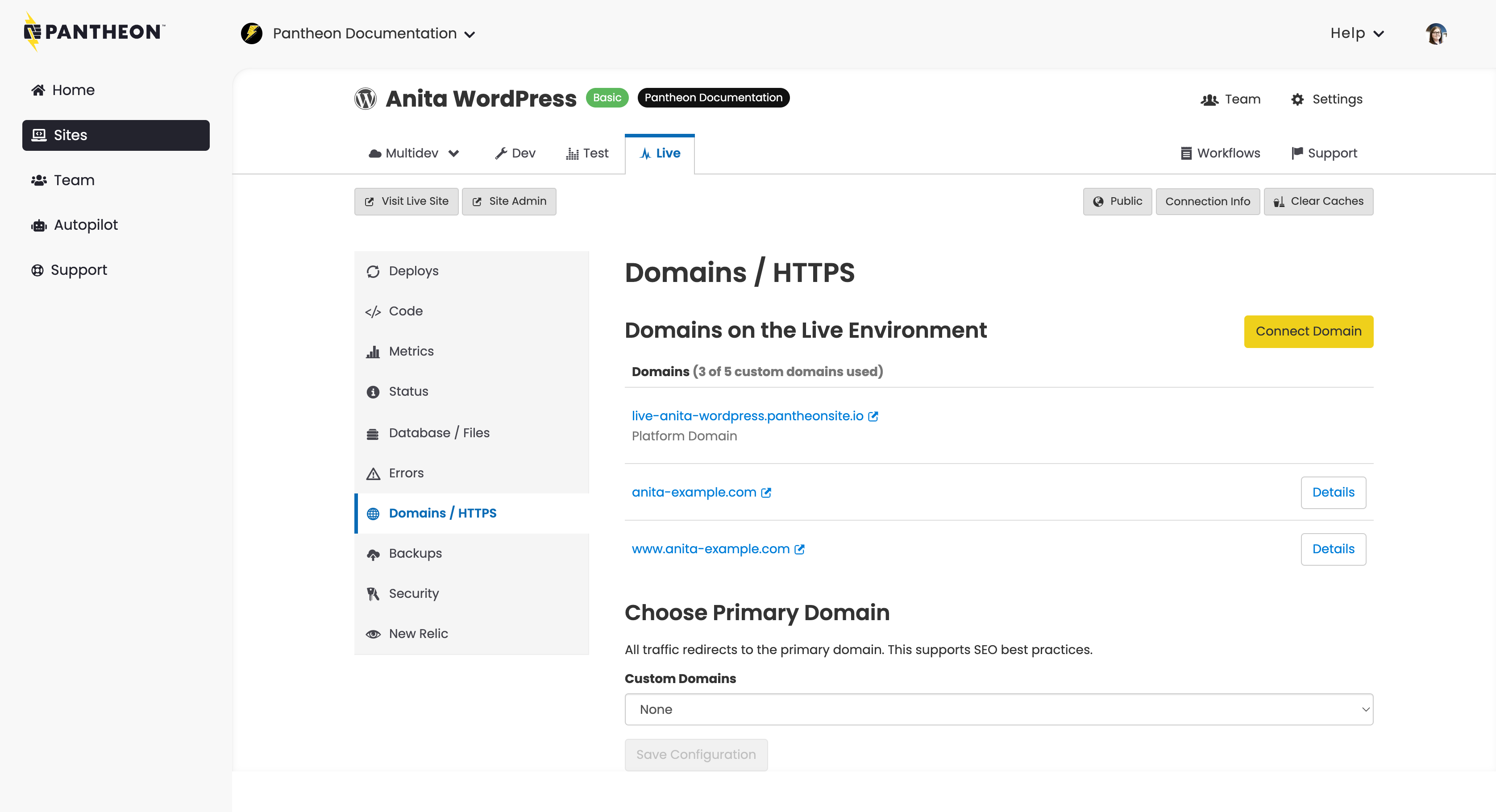 Set the primary domain in the Site Dashboard