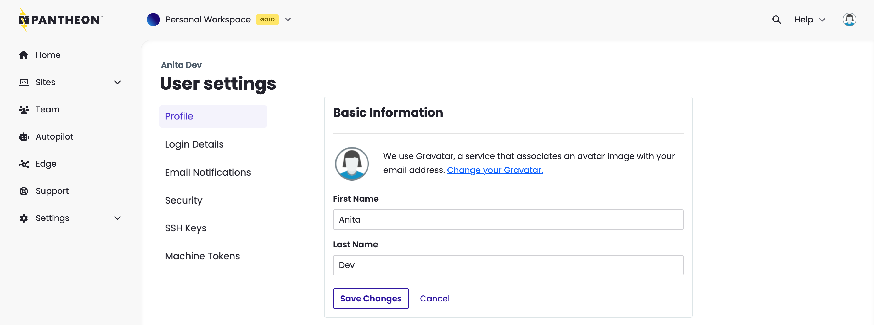 A screenshot of the Personal Settings page
