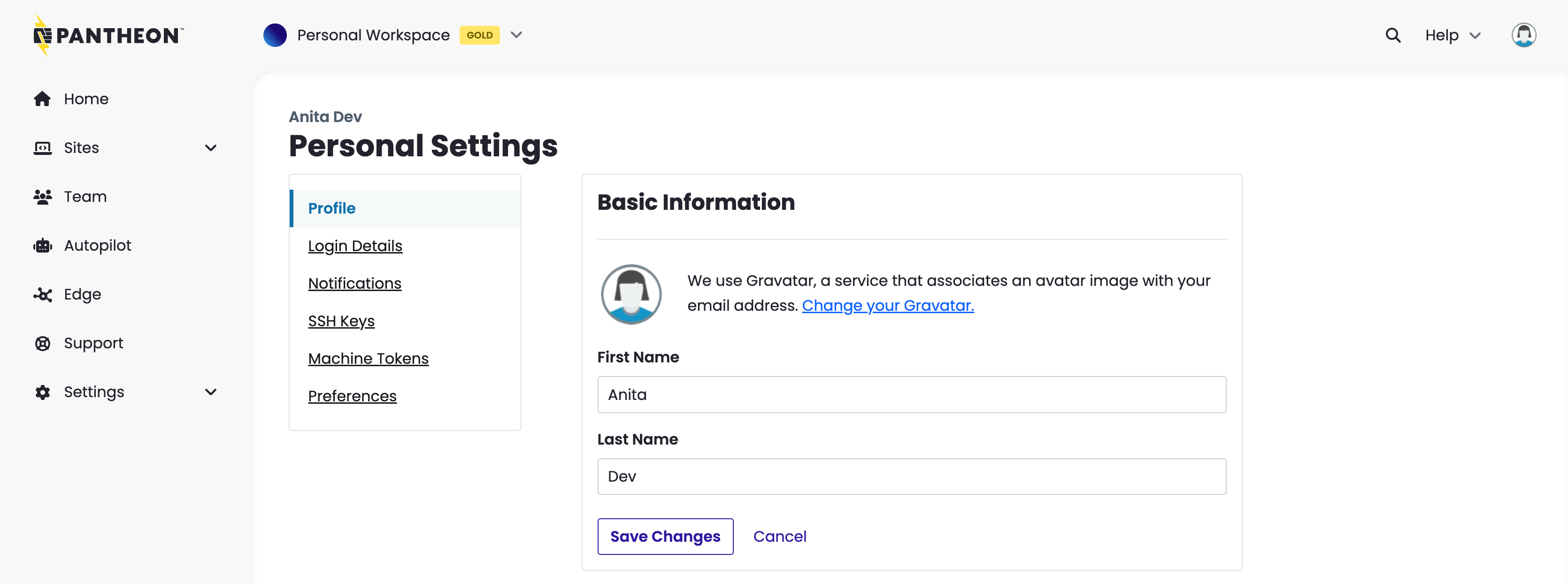 A screenshot of the Personal Settings page