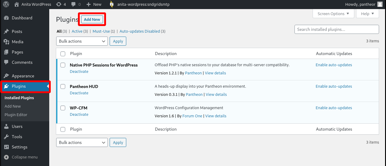 The WordPress Admin Dashboard, highlighting the Plugins page and Add New button