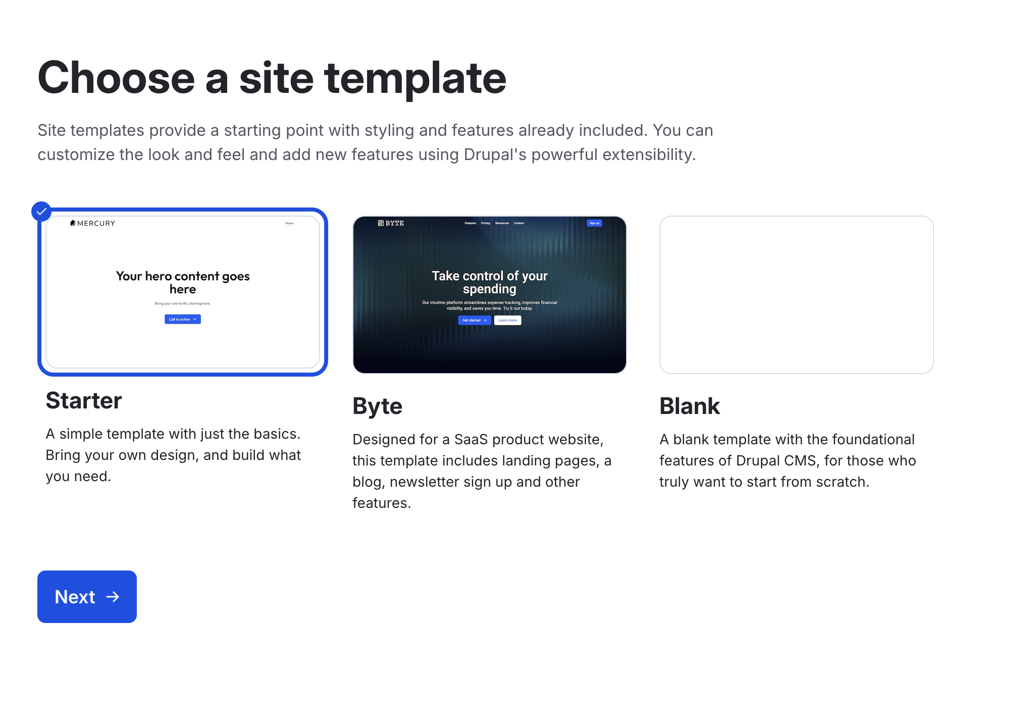 The Drupal CMS installation screen