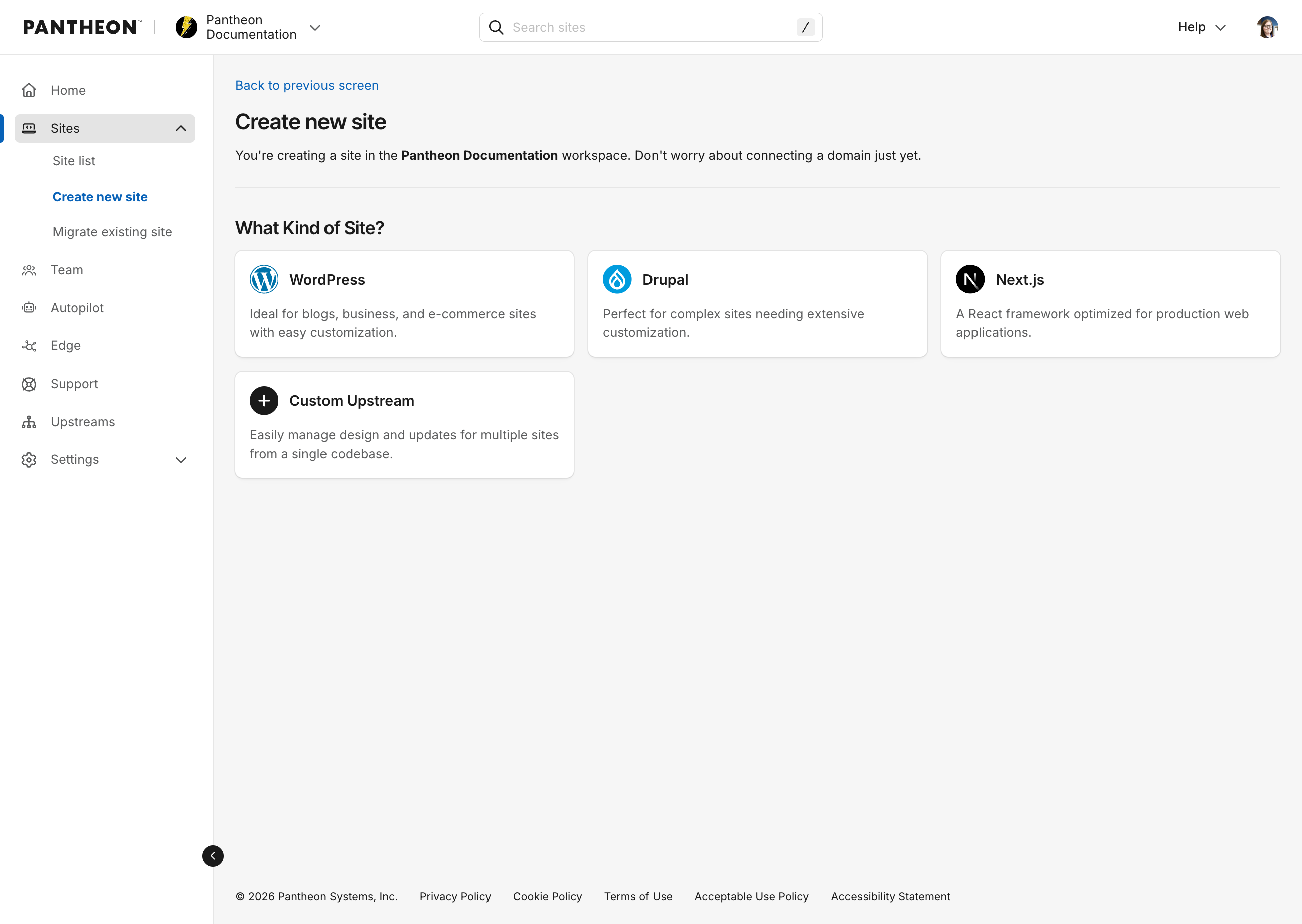 create new site dashboard