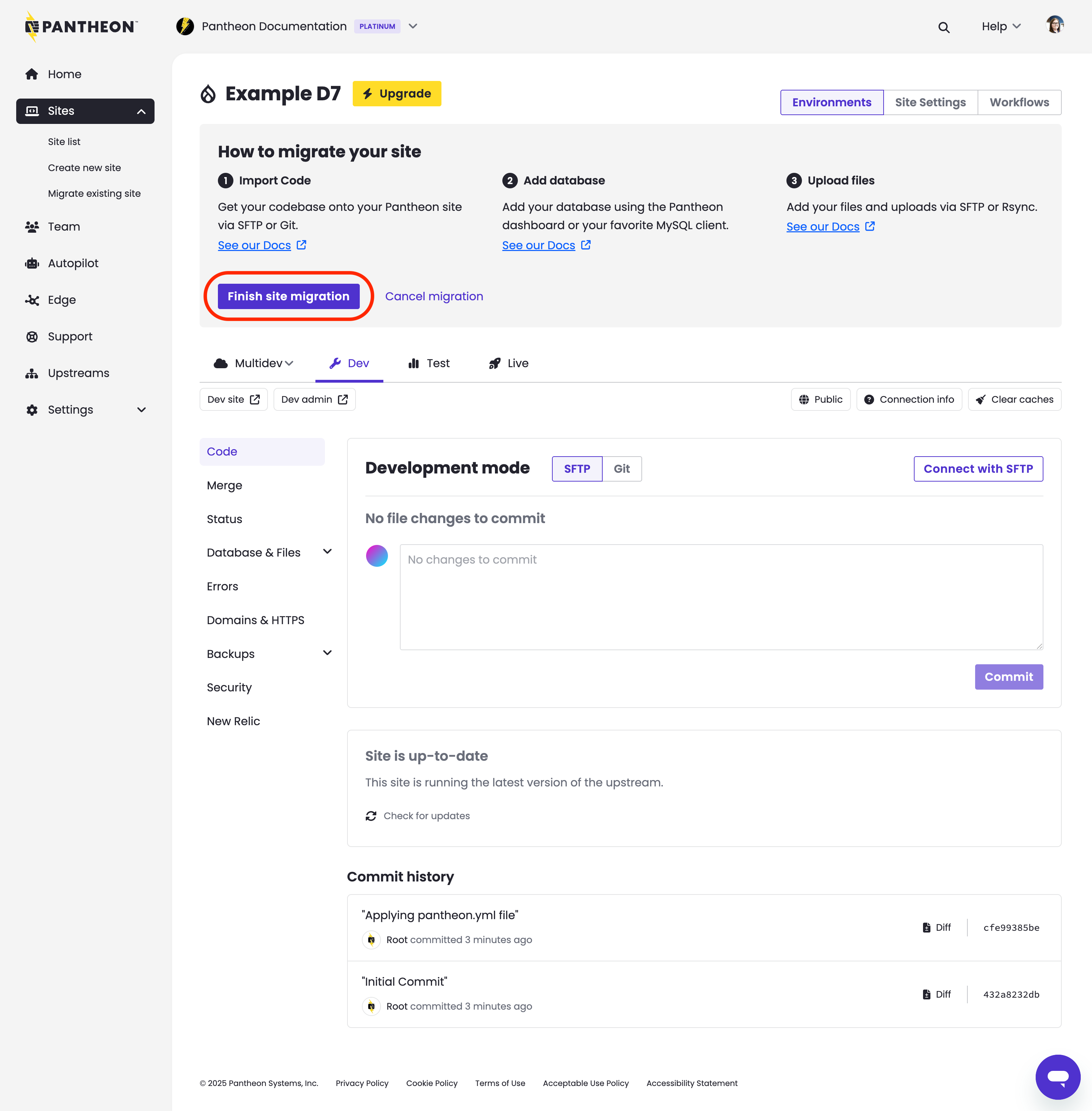 Newly created site dashboard showing manual migration prompts at the top to import code, db and files