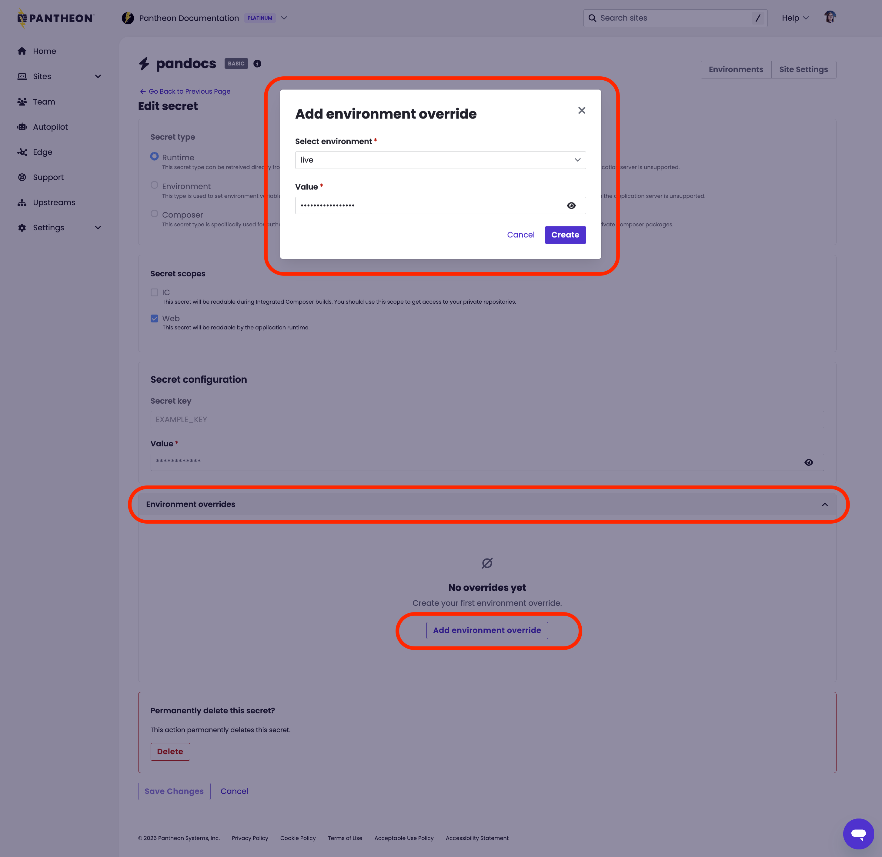 Create new env override in the dashboard for an existing secret