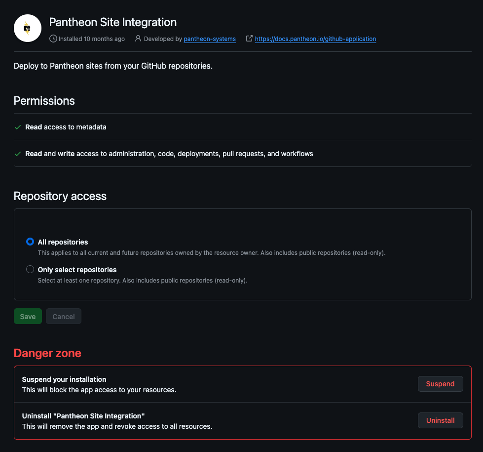 GitHub application configuration screen