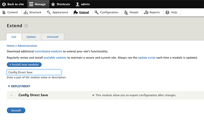 Drupal Admin interface showing the Extend page to install the module Config Direct Save