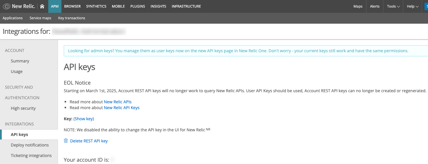 Example New Relic integrations API keys page with keys
