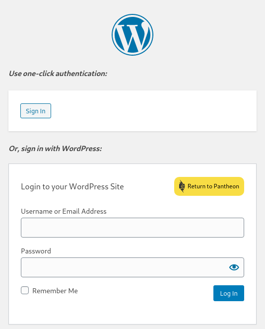 A screenshot of the new WordPress login page, featuring the one-click authentication method