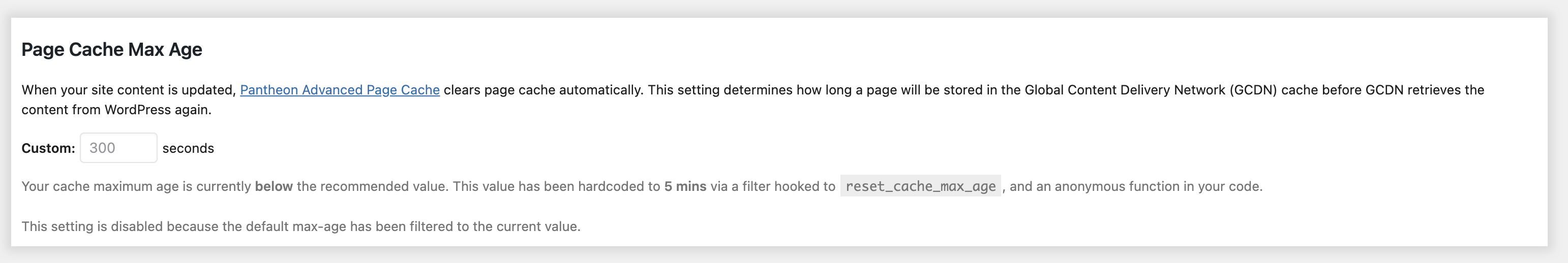 Pantheon Advanced Page Cache Max Age filtered message