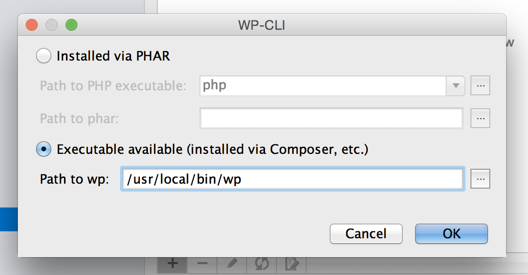 Configuring wp-cli path for PhpStorm
