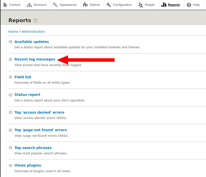 The "Recent log messages" listing under Reports in the Drupal admin interface.