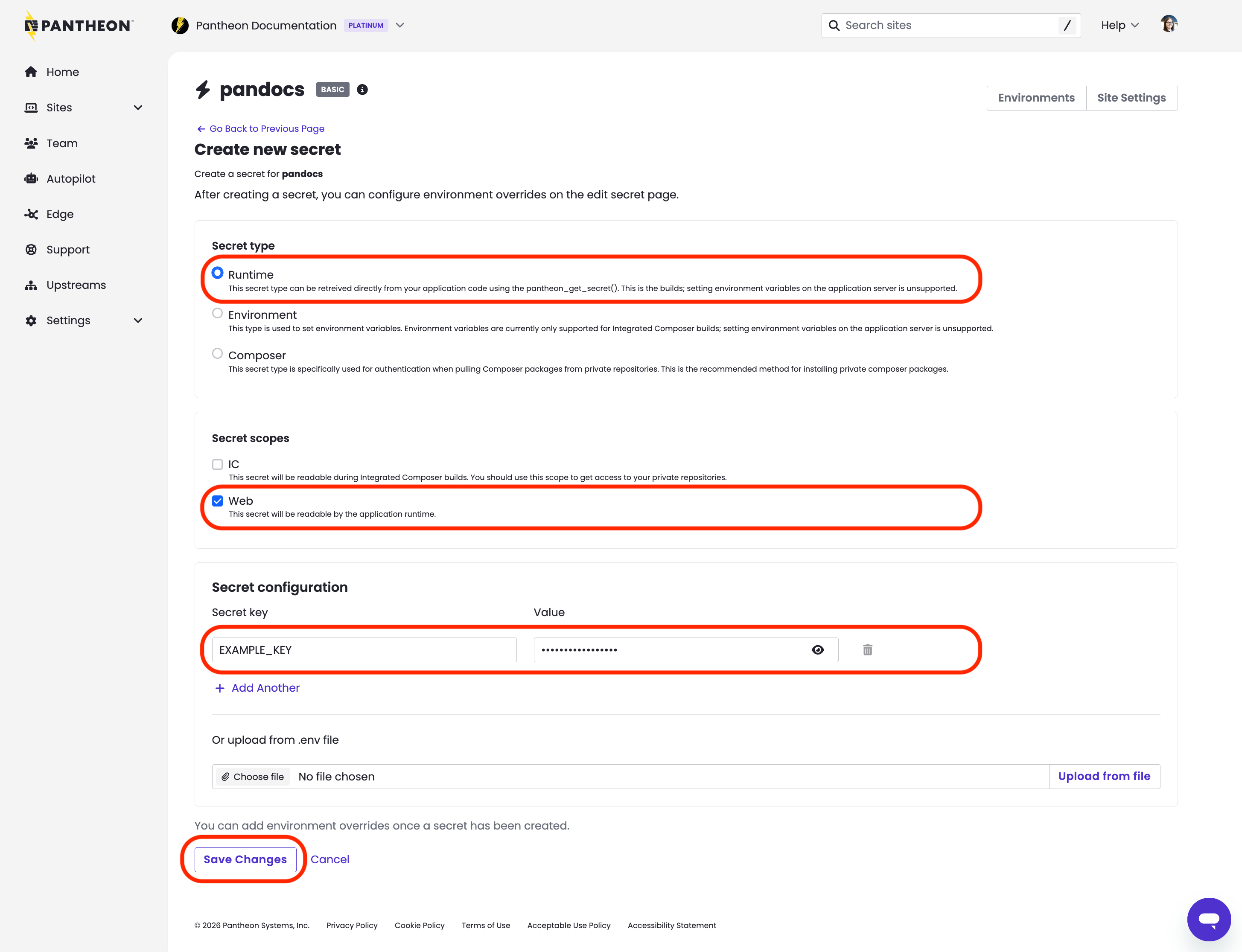 Create new secret in the dashboard with options for type and scope