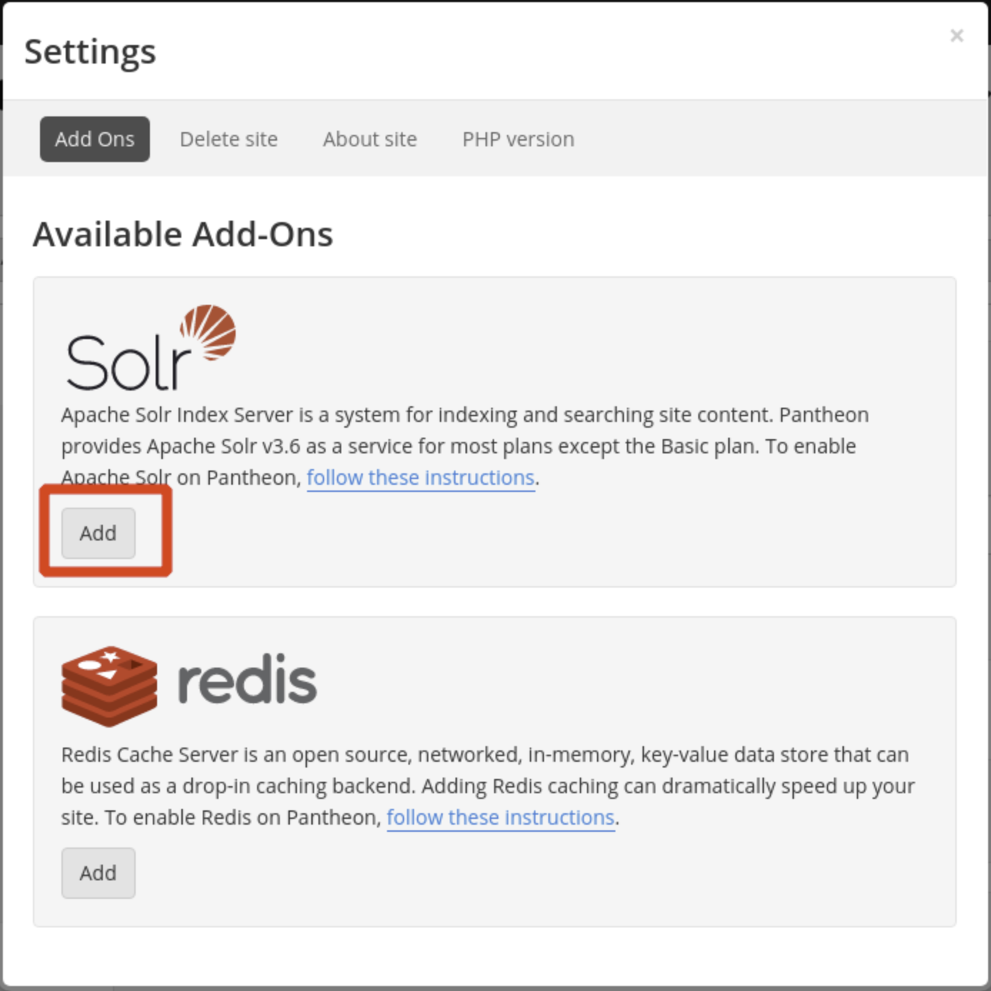 Enable Solr from The Site Dashboard