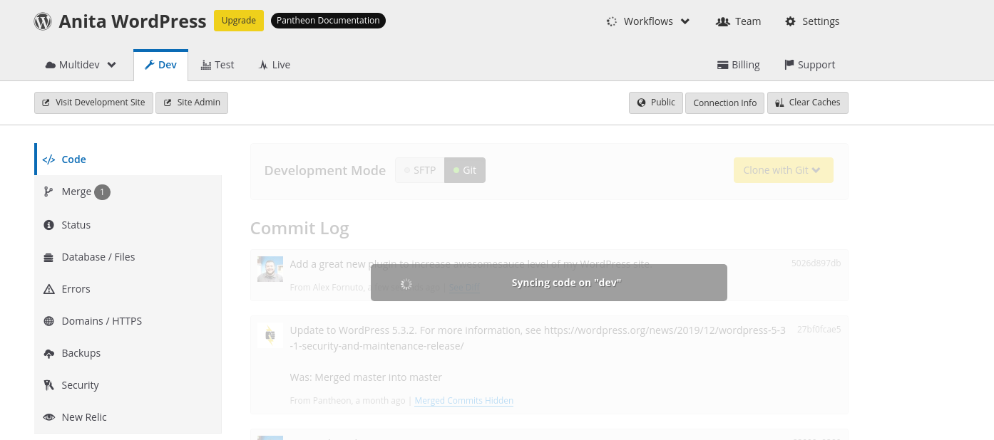 Image of the Dev tab syncing with a recently pushed git commit
