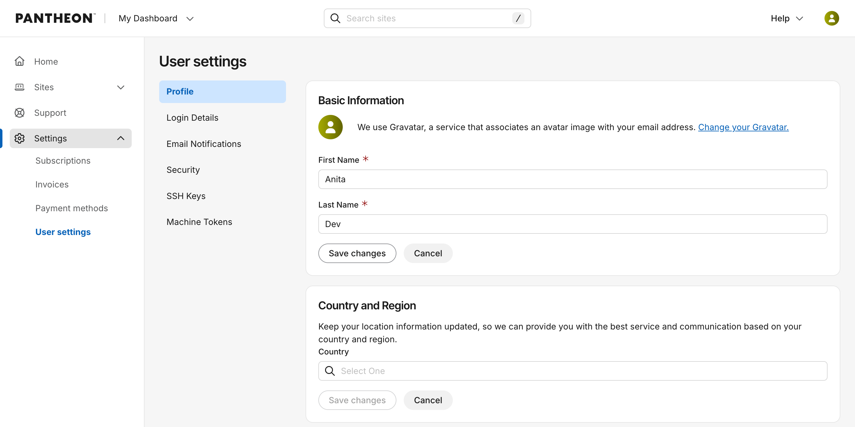 A screenshot of the Personal Settings page