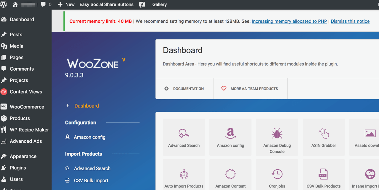 WooZone WP_MEMORY_LIMIT Error