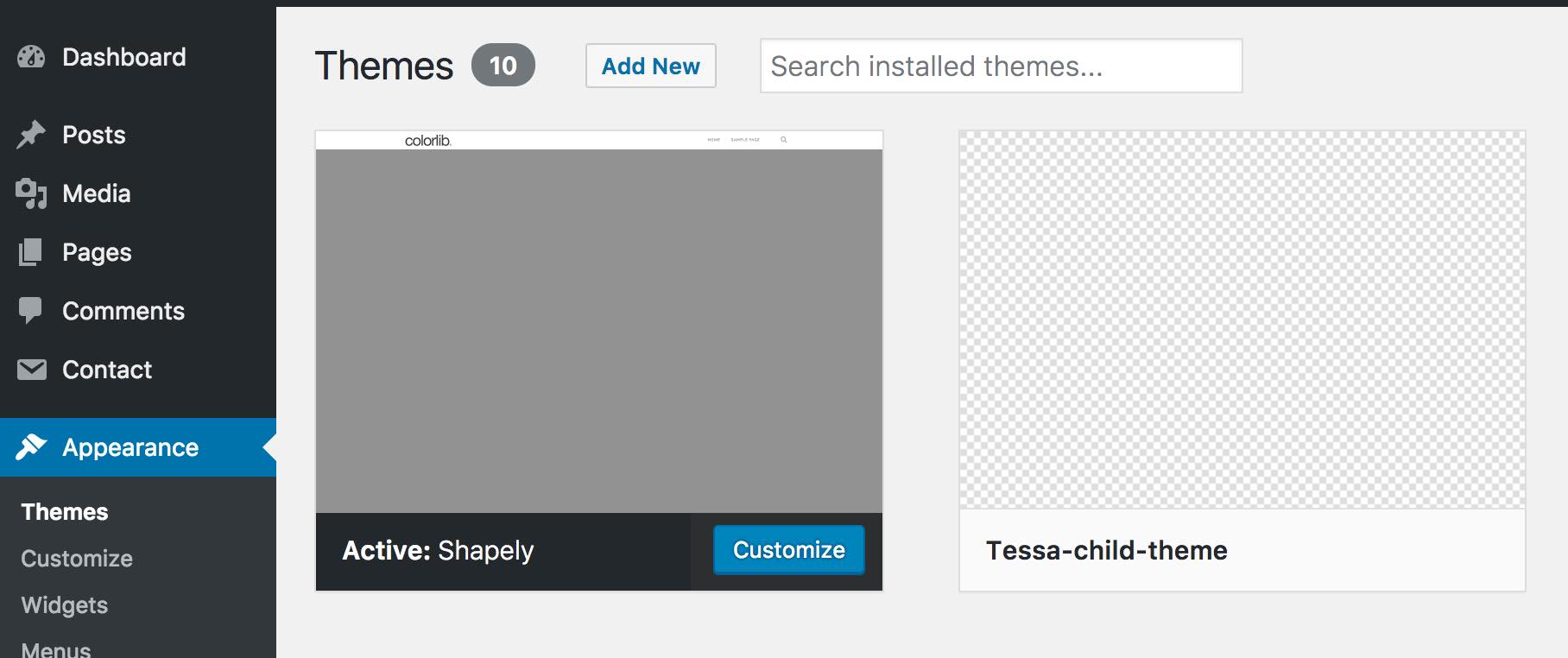 Pantheon Site Dashboard: Child Theme Installed in WordPress