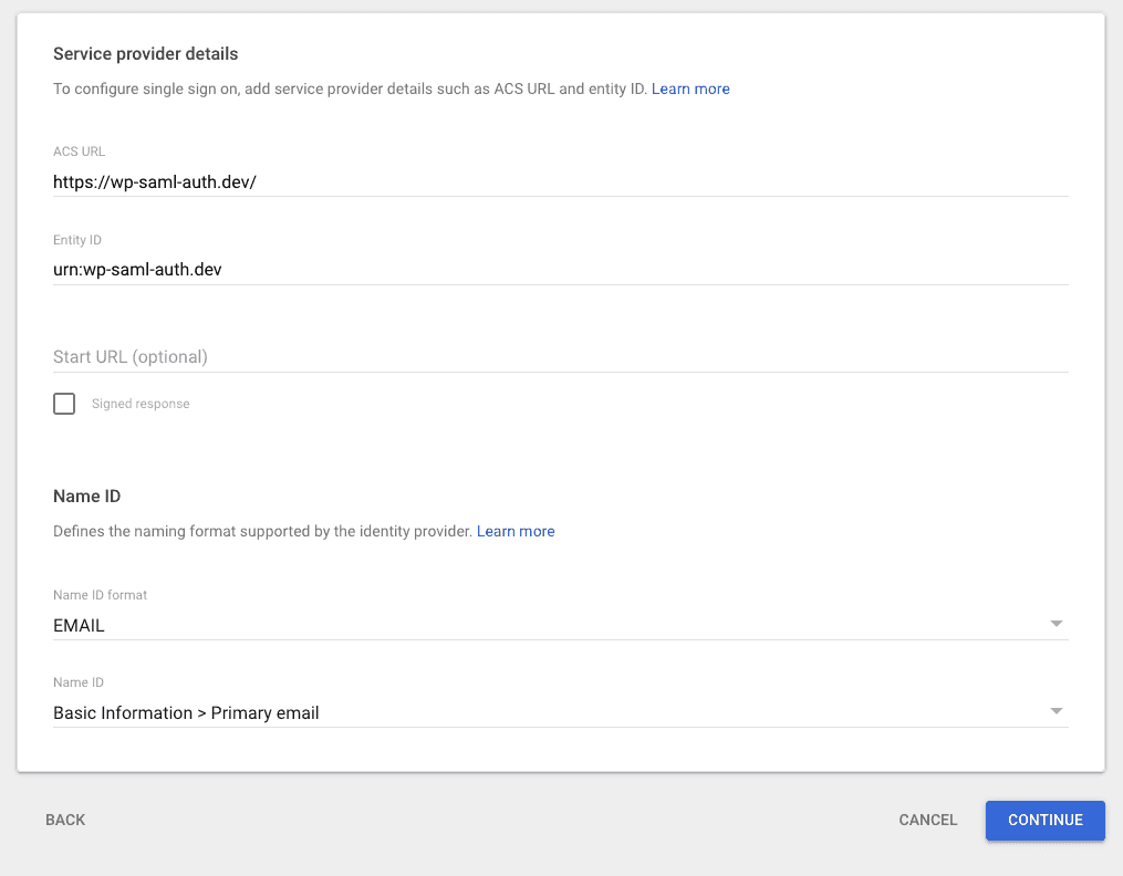 Google App SAML Service Provider Details