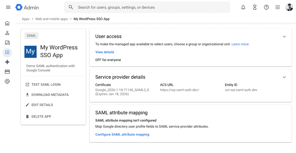 Google Console SAML App info
