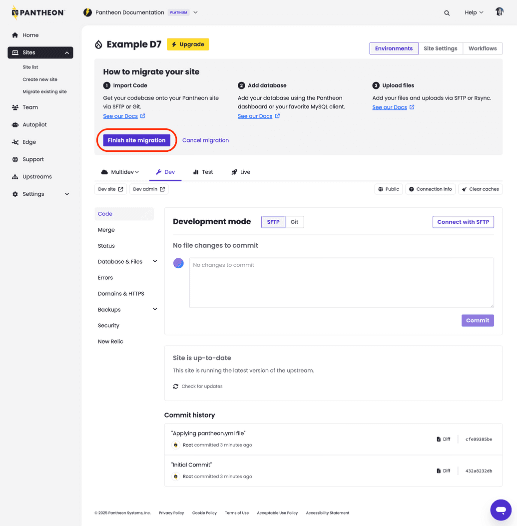 Newly created site dashboard showing manual migration prompts at the top to import code, db and files
