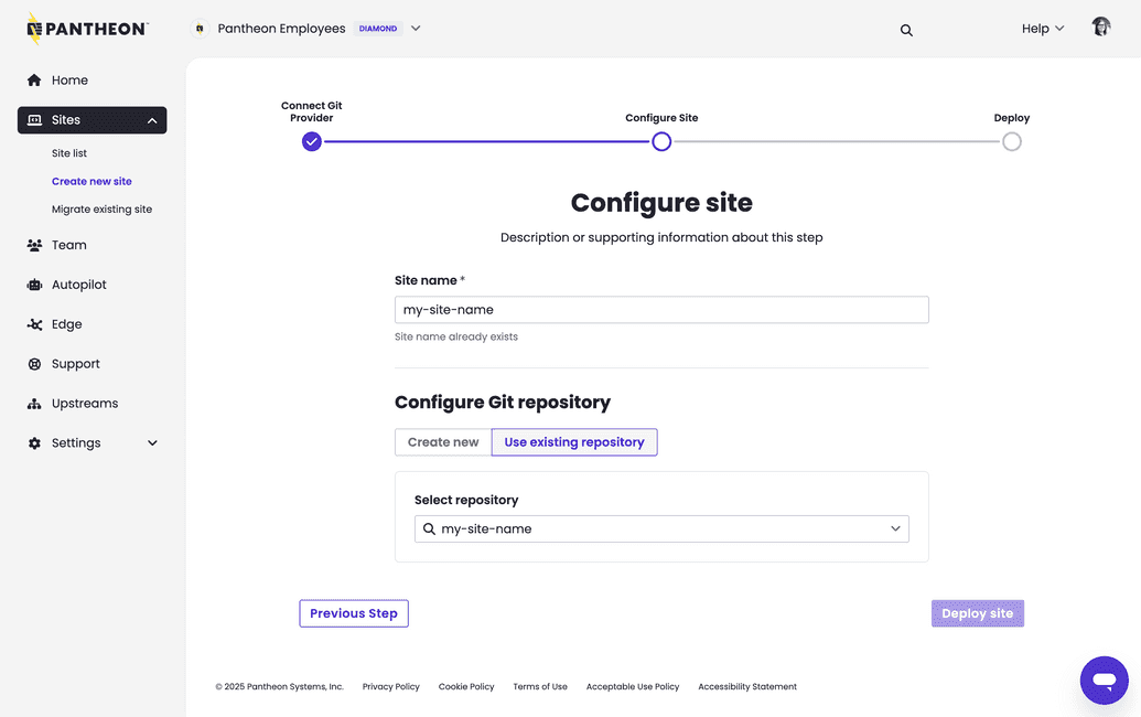 Create new site configured from existing repository Create new site configured from existing repository