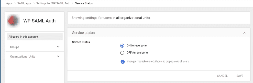 An image showing the new SAML service on for all users