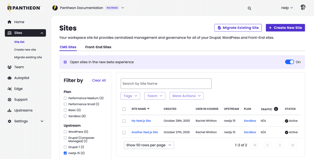 Pantheon Workspace showing 2 Next.js sites Pantheon Workspace showing 2 Next.js sites