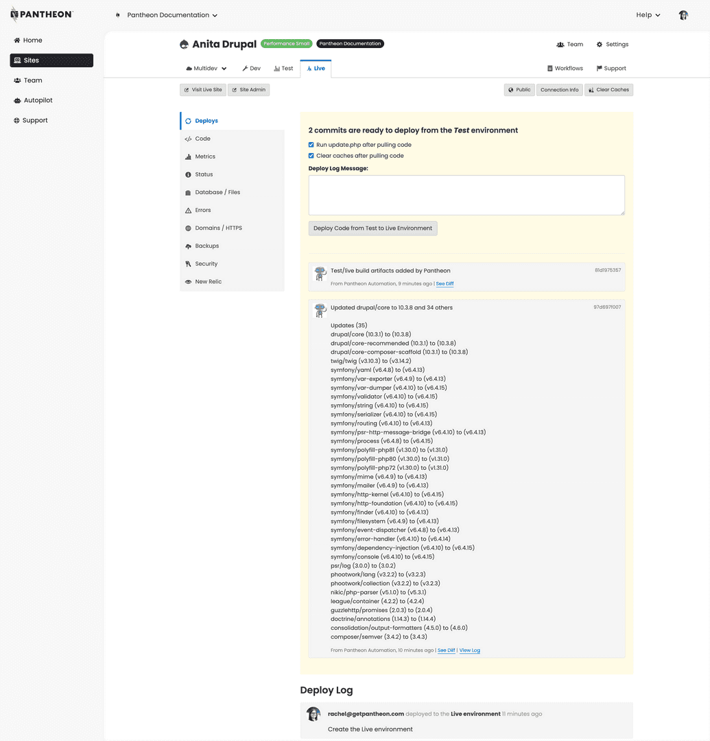 Site dashboard, live environment, workflow section