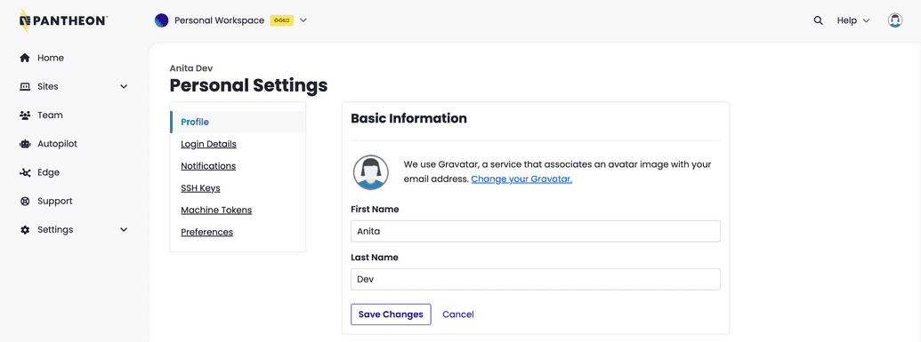 A screenshot of the Personal Settings page