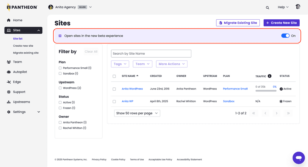 Shows a site list for a professional workspace, with a banner at the top to toggle the new beta experienec off/on for site dashboards
