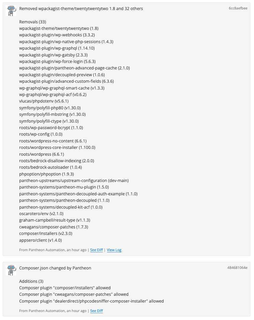 Pantheon update removing Composer packages