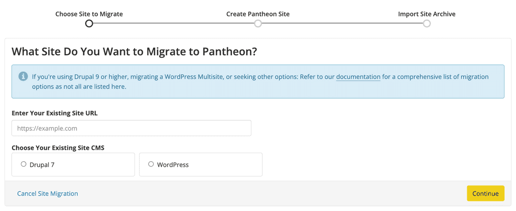 Choose the Starting State for your Migrated Site