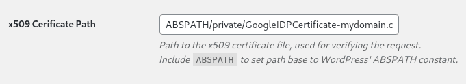 The x509 Certificate Path field, filled out as ABSPATH/private/certfile.pem