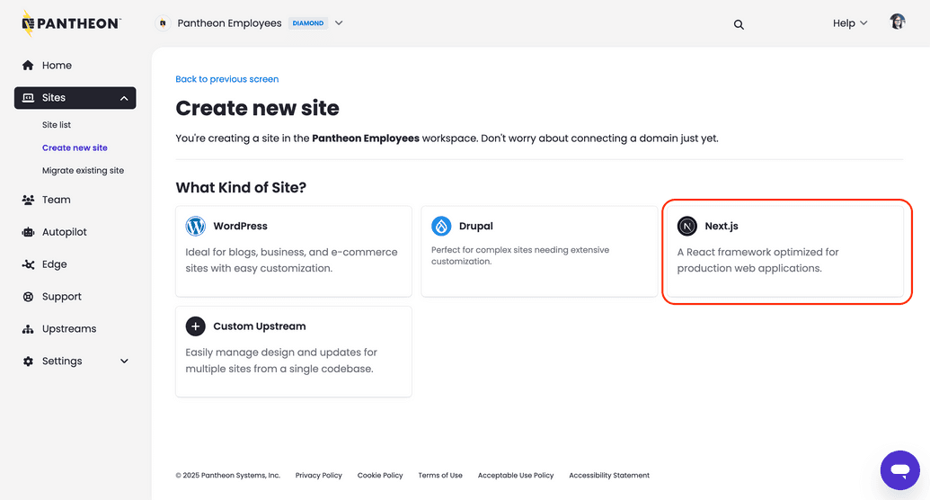 Create new site next.js from the Pantheon Workspace Create new site next.js from the Pantheon Workspace