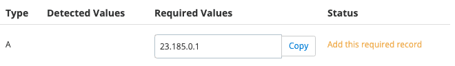 Incorrect vanity domain A record required DNS value