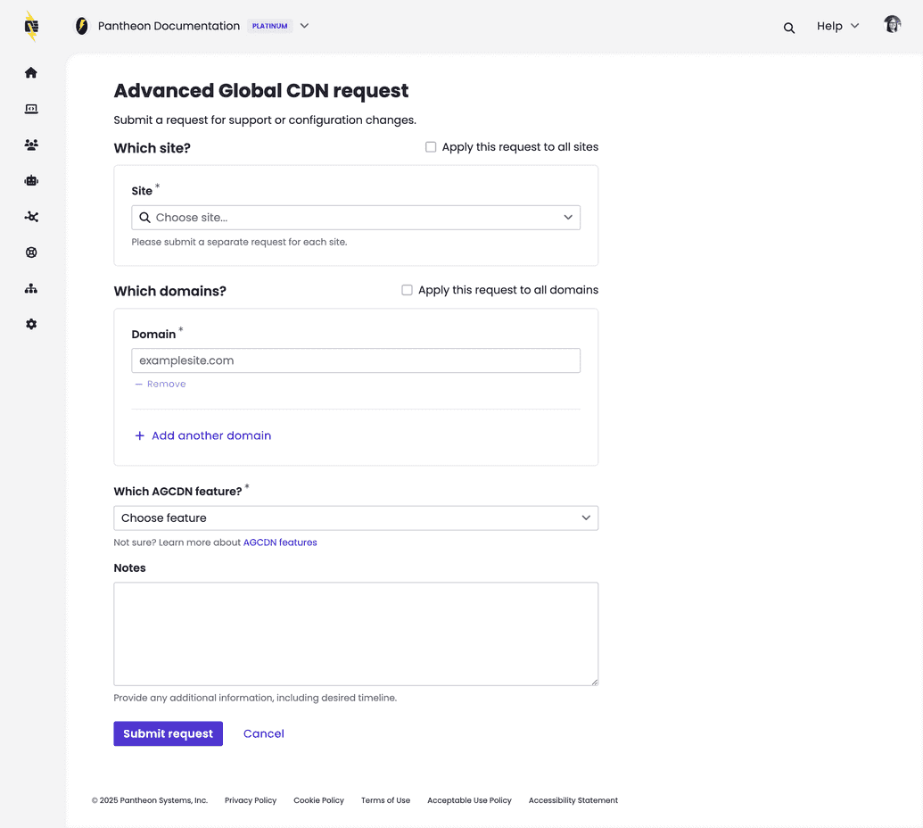 AGCDN change request form to submit tickets for configuration changes