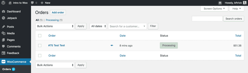A test order in the WooCommerce dashboard