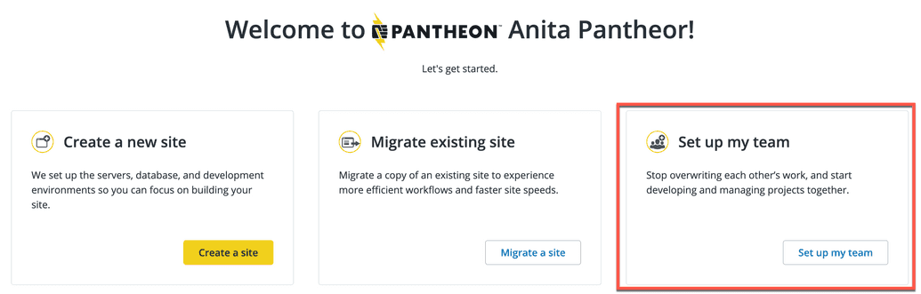 Welcome screen with Setup my team highlighted