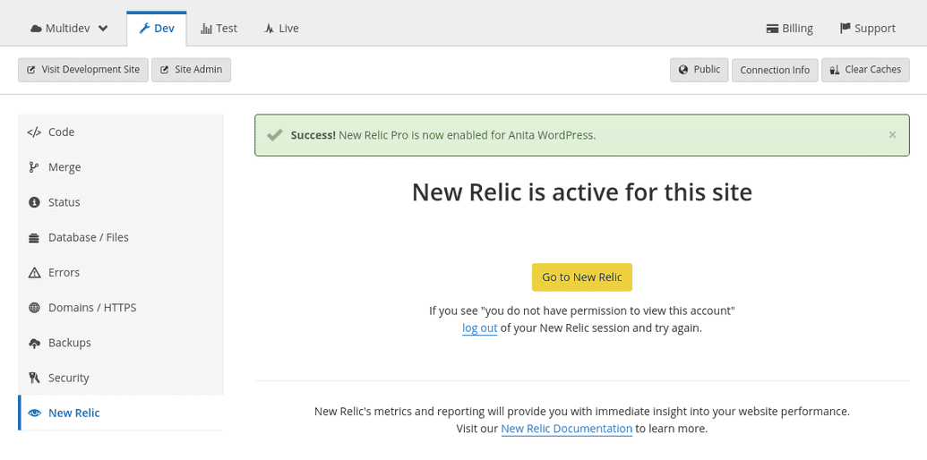 Screenshot showing the newly activated New Relic.