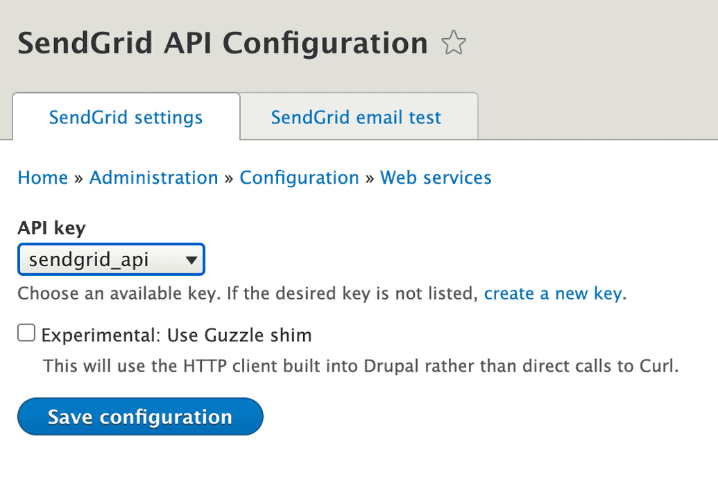 Screenshot of Sendgrid API Configuration page in Drupal UI